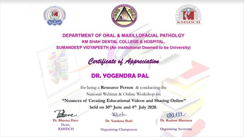 Certificate of Appreciation from KM Shah Dental College
